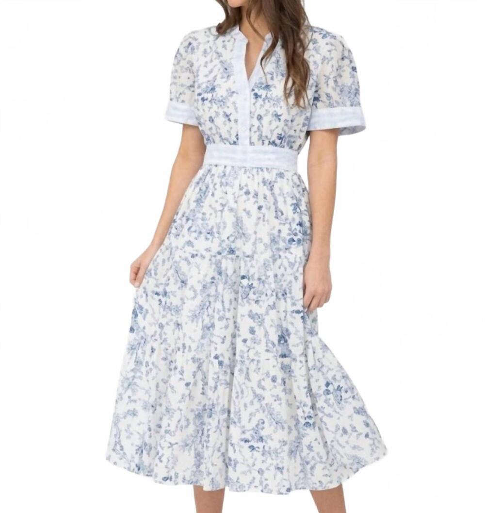 NEW AUGUST SKY blooming print split neck short sleeve midi dress in light blue